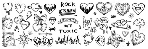 Doodle love grunge rock set, graffiti groovy vector punk heart print kit, emo gothic hand drawn sign. Marker scribble sticker, crayon wax paint collage icon, lips. Romantic Valentine Day heart doodle