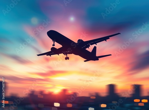  an airplane flying over a city at sunset, with the sky in the background blurred out The airplane is in the center of the image, with buildings visible at the bott photo