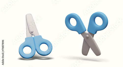Composition with scissors with blue handles. Education, stationary office supplies