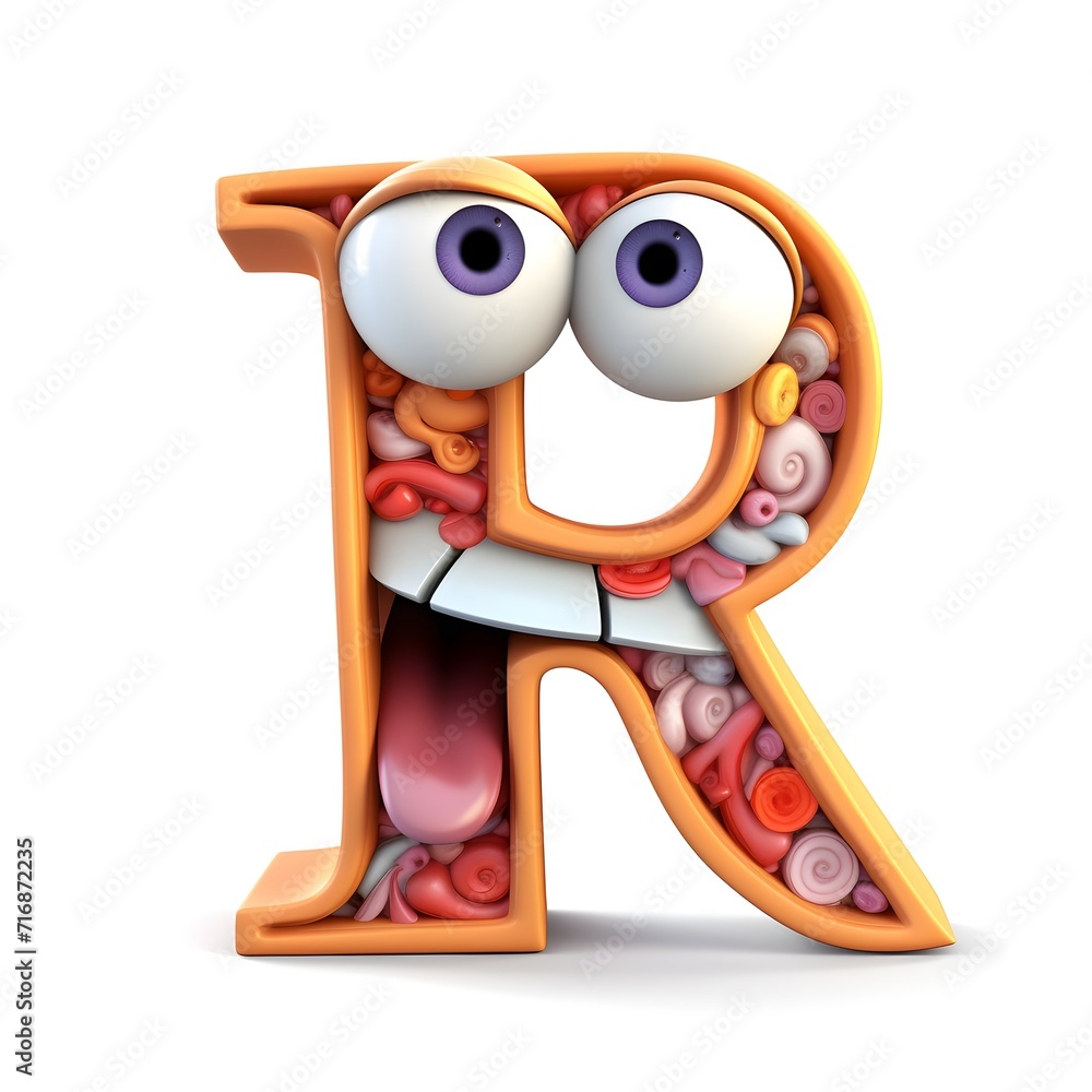 alphabet letter R yellow smiling cartoon style isolated on white background