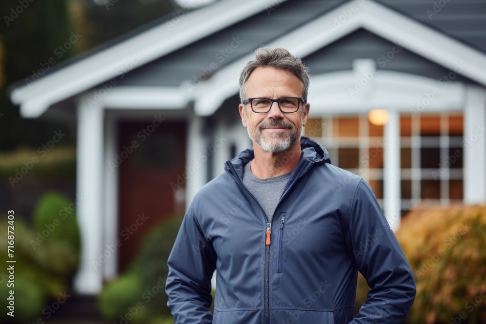 Portrait of a glad man in his 50s wearing a windproof softshell against a stylized simple home office background. AI Generation Portrait of a glad man in his 50s wearing a windproof softshell against a stylized simple home office background. AI Generation