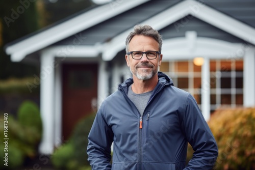 Portrait of a glad man in his 50s wearing a windproof softshell against a stylized simple home office background. AI Generation