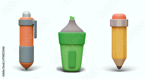 3D stationery in cartoon style. Automatic ballpoint pen, green marker, yellow pencil