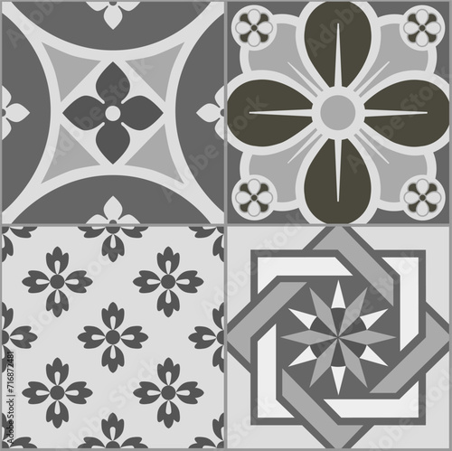 Ceramic Tiles. Hydraulic Portuguese ceramic design. Floral and geometric decorative ornament. Four different types. EPS Illustration. Black and white image. 