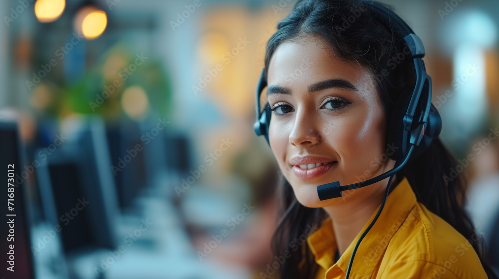 Call center agent with headset working on support hotline in modern office. Video conference. Оnline training Call center agent with headset working on support hotline in modern office. Video conference. Оnline training