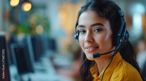 Call center agent with headset working on support hotline in modern office. Video conference. Оnline training