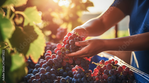 Female vineyard worker during grape harvest, close-up view.