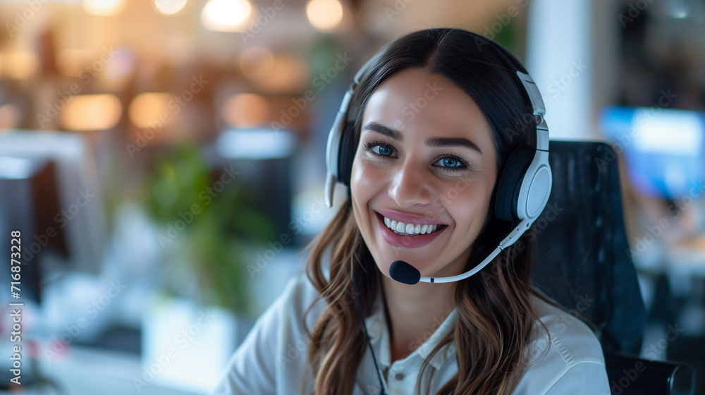 Call center agent with headset working on support hotline in modern office. Video conference. Оnline training Call center agent with headset working on support hotline in modern office. Video conference. Оnline training