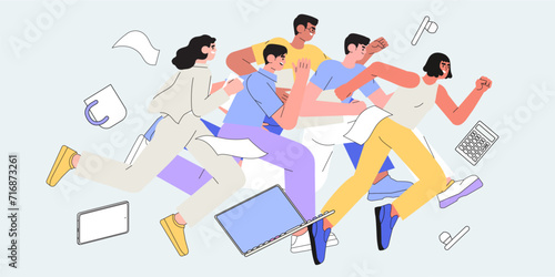 Office workers or clerks race or sprint. Business competition or rivalry between employees or colleagues. Vector illustration in flat cartoon style. Man and woman run with laptops to their goals.