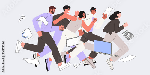 Office workers or clerks race or sprint. Business competition or rivalry between employees or colleagues. Vector illustration in flat cartoon style. Man and woman run with laptops to their goals.