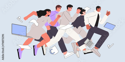 Office workers or clerks race or sprint. Business competition or rivalry between employees or colleagues. Vector illustration in flat cartoon style. Man and woman run with laptops to their goals.