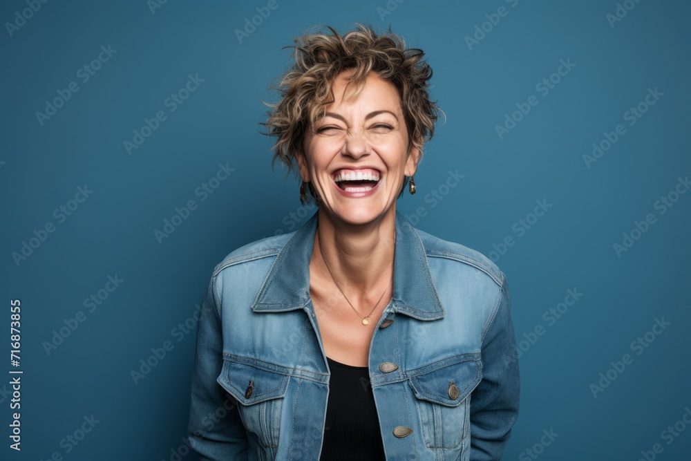 Portrait of a joyful woman in her 40s sporting a rugged denim jacket against a plain cyclorama studio wall. AI Generation Portrait of a joyful woman in her 40s sporting a rugged denim jacket against a plain cyclorama studio wall. AI Generation