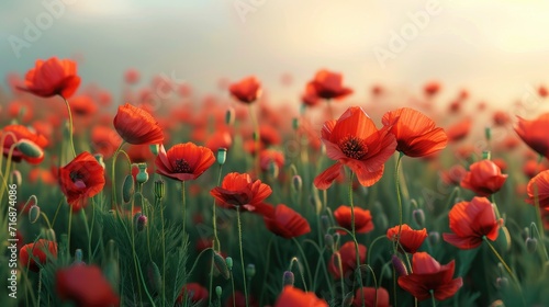 Landscape with nice sunset over poppy field