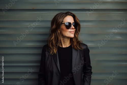 Portrait of a satisfied woman in her 40s wearing a trendy sunglasses against a plain cyclorama studio wall. AI Generation © CogniLens