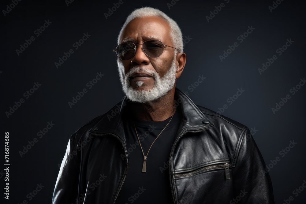 Portrait of a content afro-american man in his 60s sporting a classic leather jacket against a plain cyclorama studio wall. AI Generation