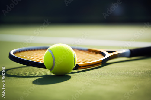 Tennis racket and tennis ball placed on the tennis stadium