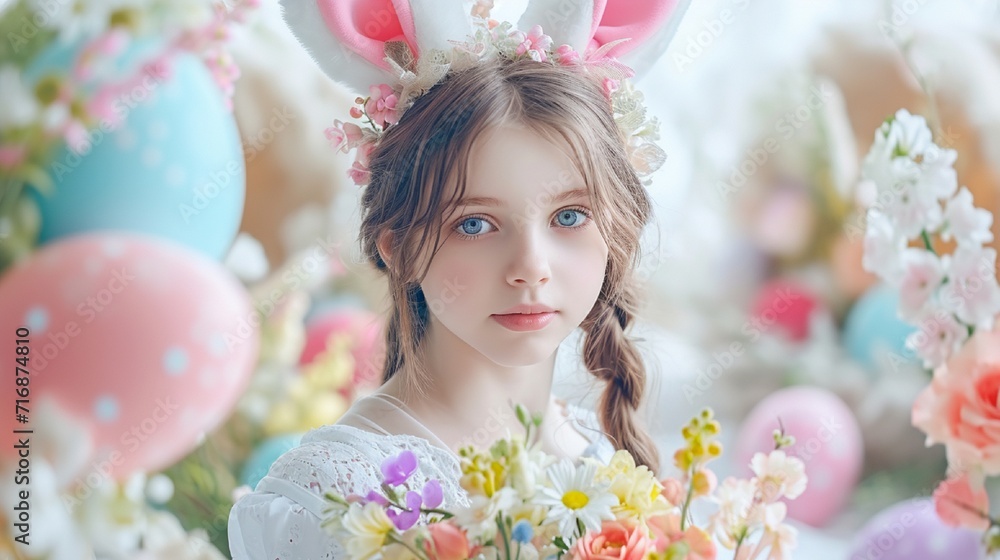 An expertly taken photo featuring a teenage girl dressed as a rabbit, clutching a bunch of spring flowers and scattered Easter eggs