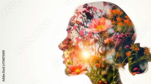 beauty of blossoms and devotion intertwined harmoniously in a double exposure design gracing the features of a female head.