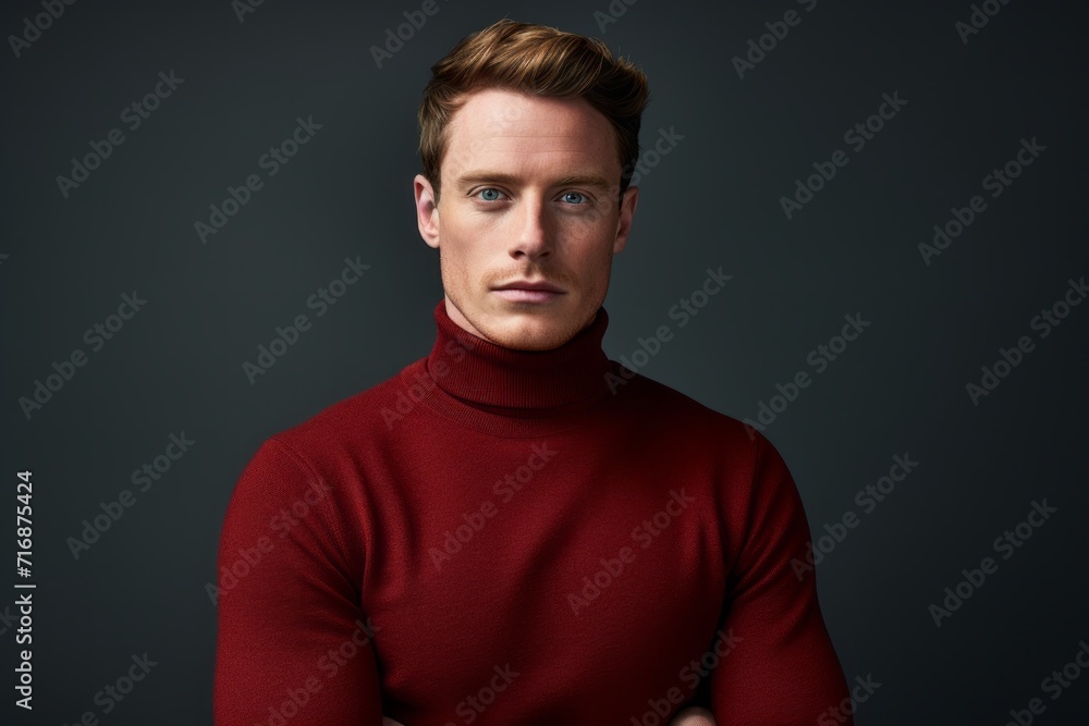Fototapeta premium Portrait of a tender man in his 20s wearing a classic turtleneck sweater against a plain cyclorama studio wall. AI Generation