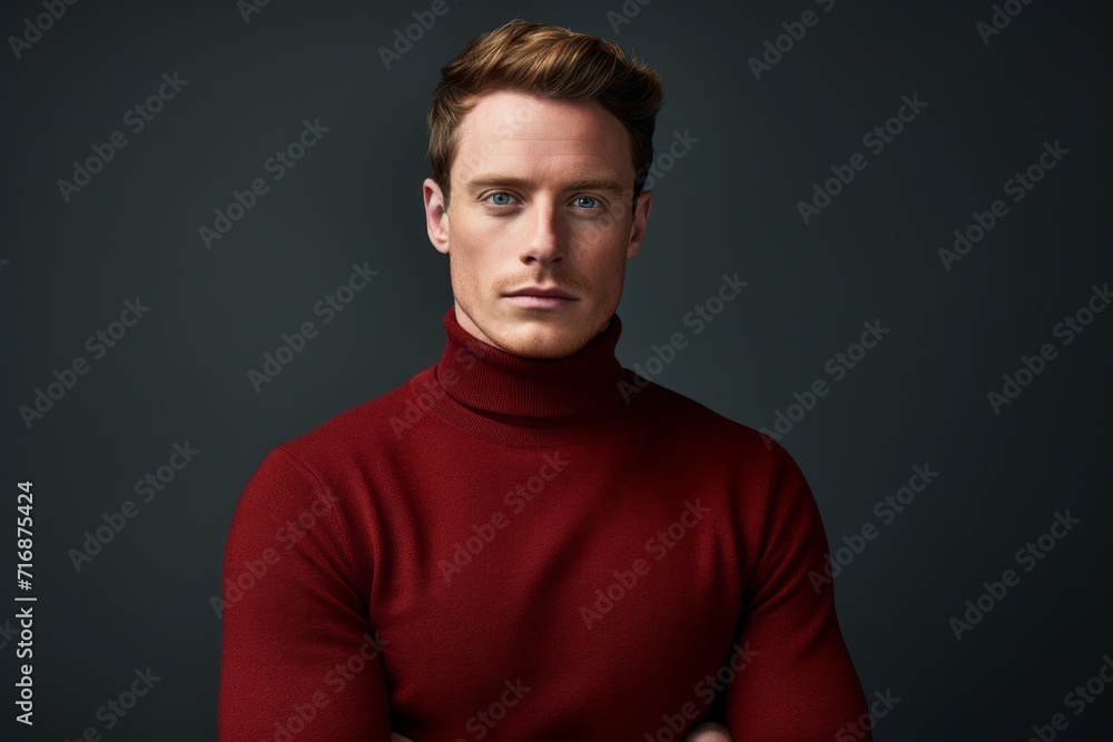 Portrait of a tender man in his 20s wearing a classic turtleneck sweater against a plain cyclorama studio wall. AI Generation