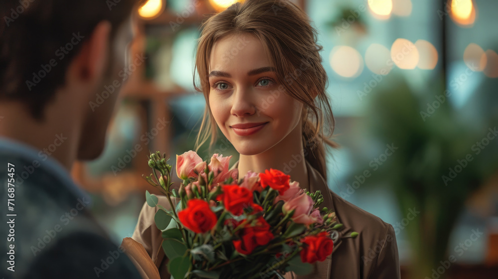 A man gives flowers to a woman. Happy birthday greetings. A man takes care of a woman. A man gives flowers to a woman. Happy birthday greetings. A man takes care of a woman.