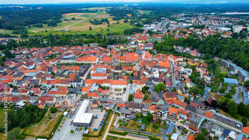 Fototapeta Naklejka Na Ścianę i Meble -  Aeriel of the old town of the city Tirschenreuth in Germany on a cloudy summer day