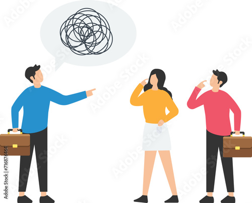Ramble, confused explanation or bad communication skill, Confusion dialogue problem, Unclear and unsend message, Boss explain confused labyrinth maze, Speech bubble to team members

