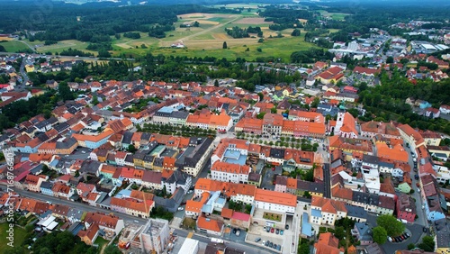 Aeriel of the old town of the city Tirschenreuth in Germany on a cloudy summer day