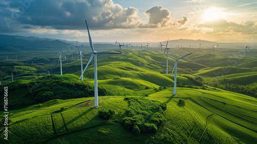 Scenic view of a green field and wind turbine, mountains, and sky with lush wind farm in the foreground
