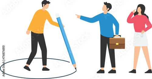 Personal space, privacy or work boundary to limit access and protect from people, introvert or safe zone, Using pencil to draw personal space, Circle to protect from coworkers

