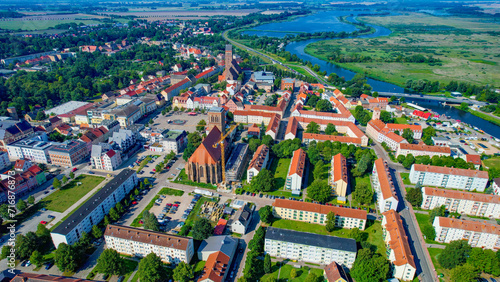 Aerial view of the town Anklam on a sunny day in late Spring in Germany