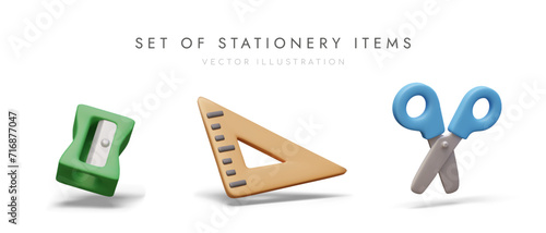 Set of realistic stationery. Pencil sharpener, triangular ruler, scissors