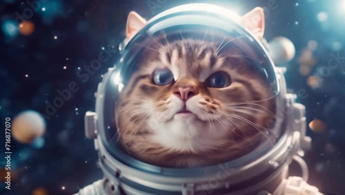 Cute cat or kitten in a spacesuit in space against the background of stars and planets. photo