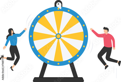 Life depends on luck, Fortune wheel randomness, Chance and opportunity to get a new job, investment winning or gambling, Looking at spinning fortune wheel

