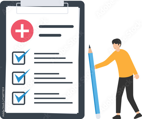 Medical clipboard, Prescription or insurance document, Health check or doctor diagnosis record, Medicine or medicare checklist, Holding medical clipboard prescription


