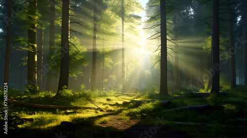 Beauty nature forest with sunrise background illustration,, a path through a forest with trees and grass
