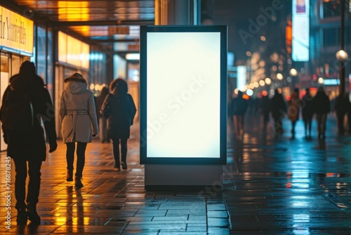 display blank clean screen or signboard mockup for offers or advertisement in public area motion blur people white glow