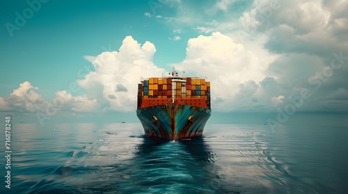 ship in the sea, a large container ship is sailing through the ocean with a lot of cargo on it's side and a lot of water around it