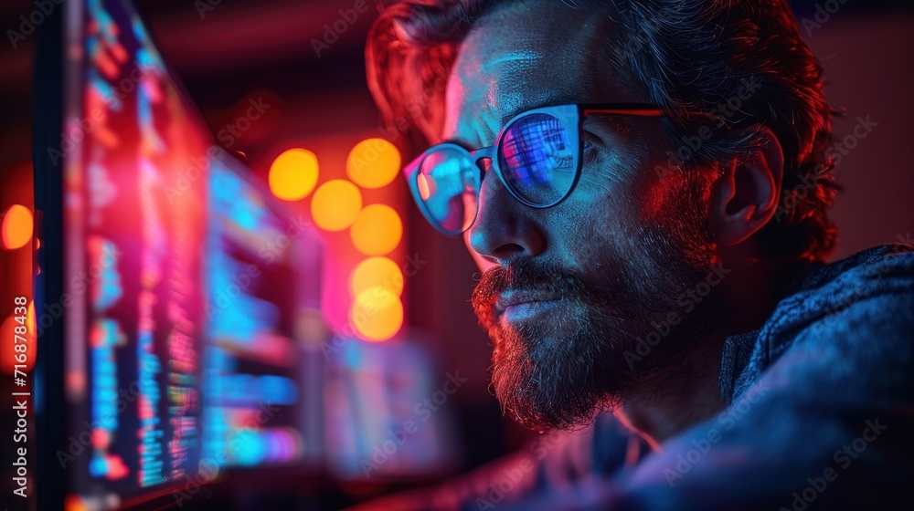 a man wearing glasses looking at a computer screen with red and blue ...