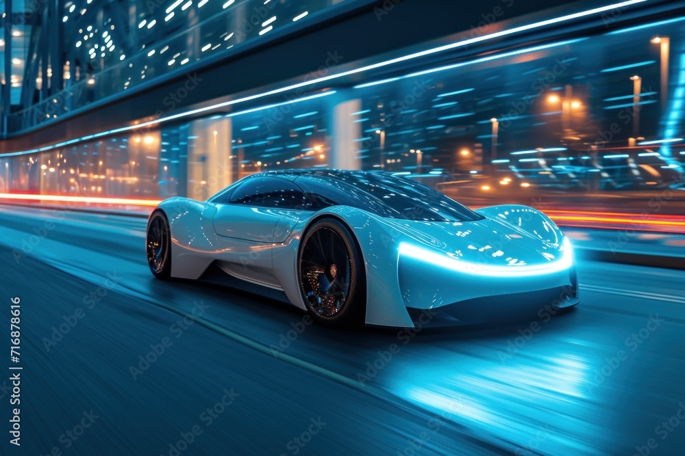 future Automated self driving futuristic electric car driving on highway lights speed motion blur 