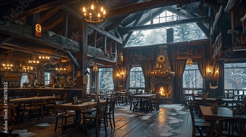 the rustic charm of a colossal log cabin, complete with roaring fireplaces and a cozy atmosphere. 