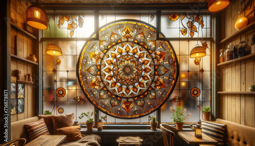 Cozy Cafe Interior with Ornate Mandala Window. Elegant mandala design on window of a warm, inviting cafe.
