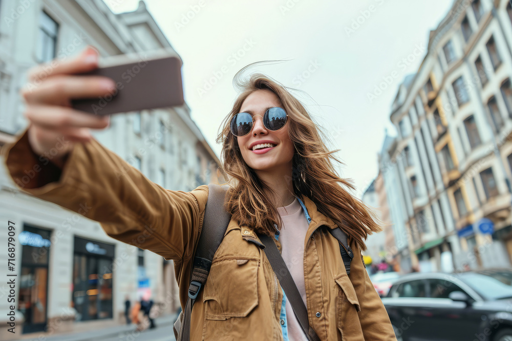 A young social media influencer travel blogger with a camera in an urban city A young social media influencer travel blogger with a camera in an urban city