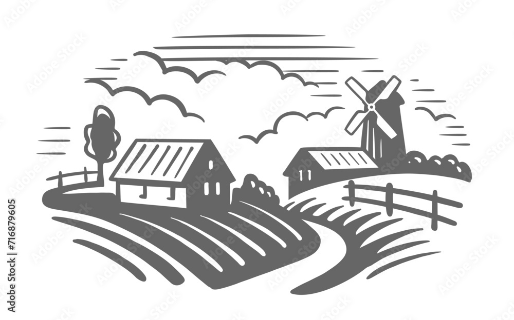 Naklejka premium Village vector logo template. Retro Mill and house landscape