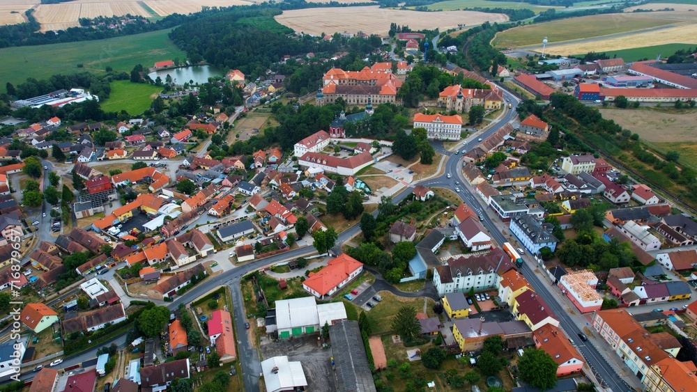 Aerial view of the city Chotesov  on a cloudy day in late Spring in the Czech republic