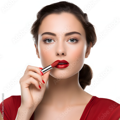 French woman applying a classic red lipstick isolated on white background, hyperrealism, png
