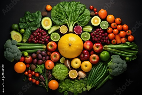 Top view of different organic fresh fruits and vegetables Ai generated