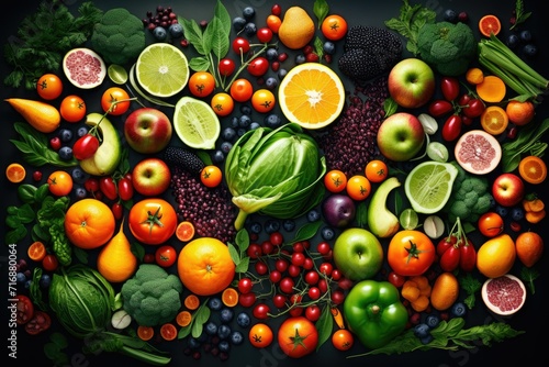 Top view of different organic fresh fruits and vegetables Ai generated