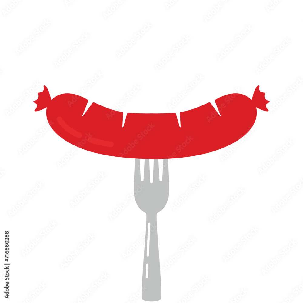 big red sausage strung on metal fork. concept of easy and delicious streetfood or bratwurst. flat simple cartoon style trend modern logotype graphic art design element isolated on white background big red sausage strung on metal fork. concept of easy and delicious streetfood or bratwurst. flat simple cartoon style trend modern logotype graphic art design element isolated on white background