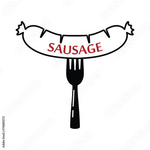 fast food logo like thin line sausage on fork. flat linear style trend modern simple logotype graphic stroke design isolated on white background. concept of easy and delicious streetfood or bratwurst